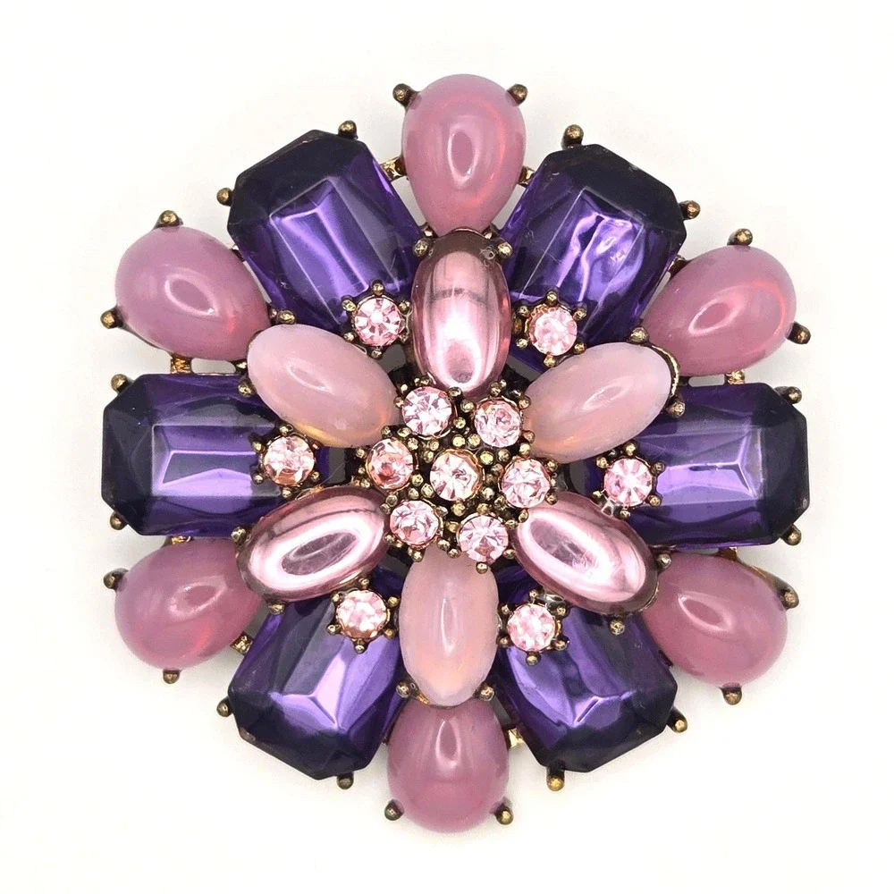 Fortunoff Vintage‎ Purple Pink Rhinestone Cabochon Flower Brooch Pin 2.5 Inch